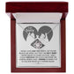 The Sorry-Hurtful Words Love Knot Necklace is displayed on a card featuring an illustration of a heart and hands. The card conveys an apology message that expresses deep regret and a promise to make amends. This personalized gift is adorned with cubic zirconia, symbolizing the depth of sincerity and commitment.