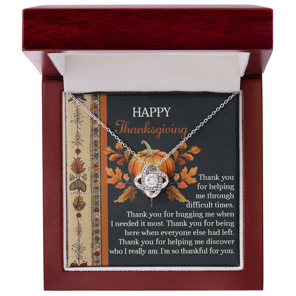 The Thanksgiving-I Really Am - Love Knot Necklace showcases a heart pendant embellished with cubic zirconia crystals, elegantly presented in a gift box adorned with a Thanksgiving message and decorative pumpkin and leaves. Its stunning white gold finish adds just the right touch of sparkle for any celebration.