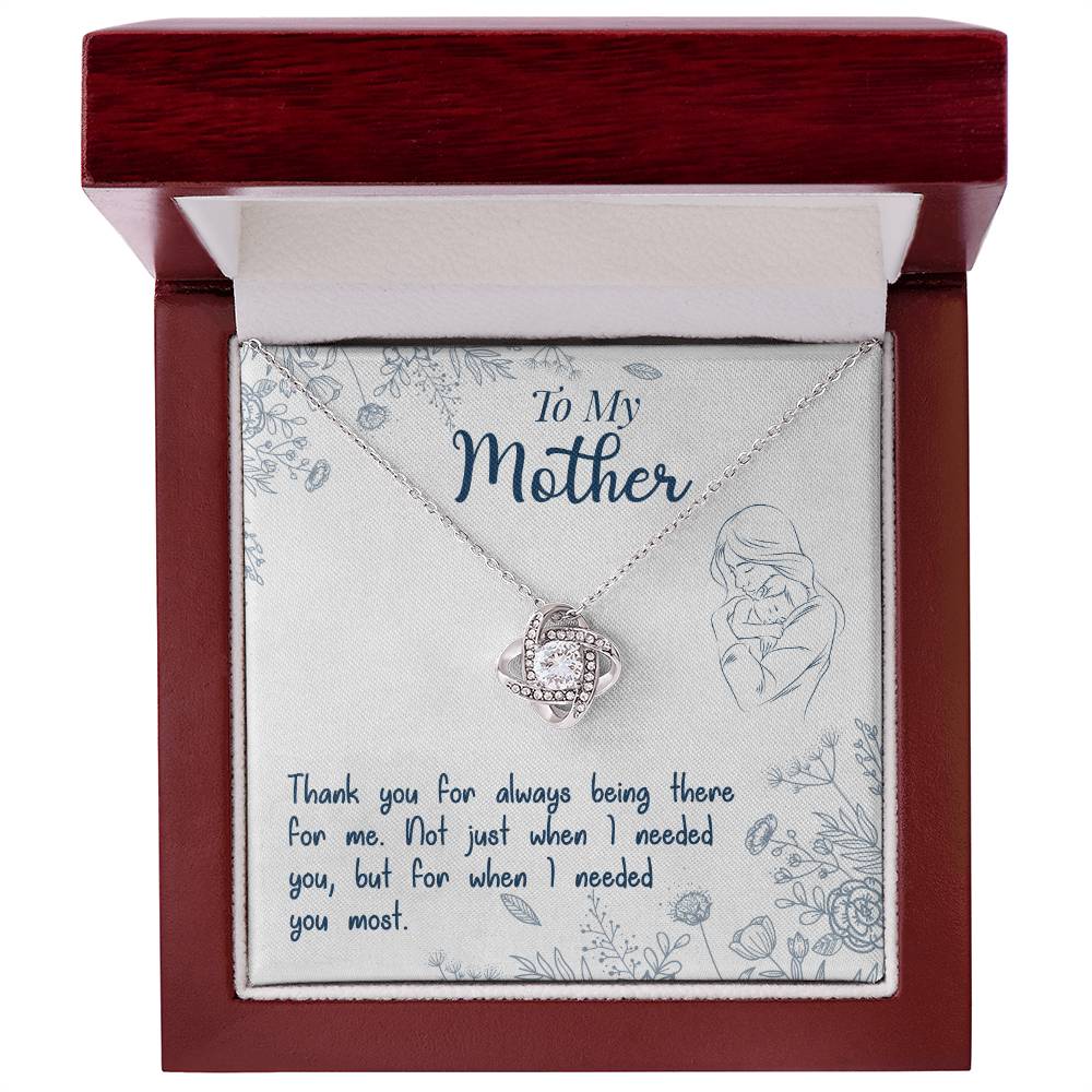 A "To My Mother, Thank You For Always Being There" Love Knot Necklace in a gold finish with an appreciation message for a mother, presented in a gift box by ShineOn Fulfillment.