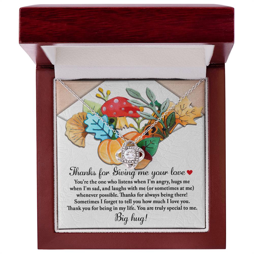 Thanksgiving-Big Hug - Love Knot Necklace featuring a floral and pumpkin design card in a wooden box, expressing gratitude, love, hugs, support, and appreciation.