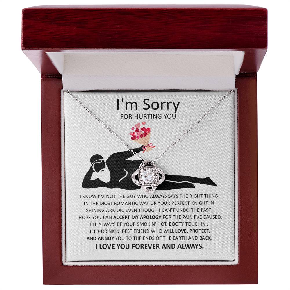 The "Sorry-The Most Romantic - Love Knot Necklace" showcases a heart and knot pendant elegantly presented on a card with an apology message, conveying regret for causing pain and expressing a heartfelt commitment to love, protect, and always be with the recipient. This necklace embodies an unbreakable bond, holding profound significance for both the giver and receiver.