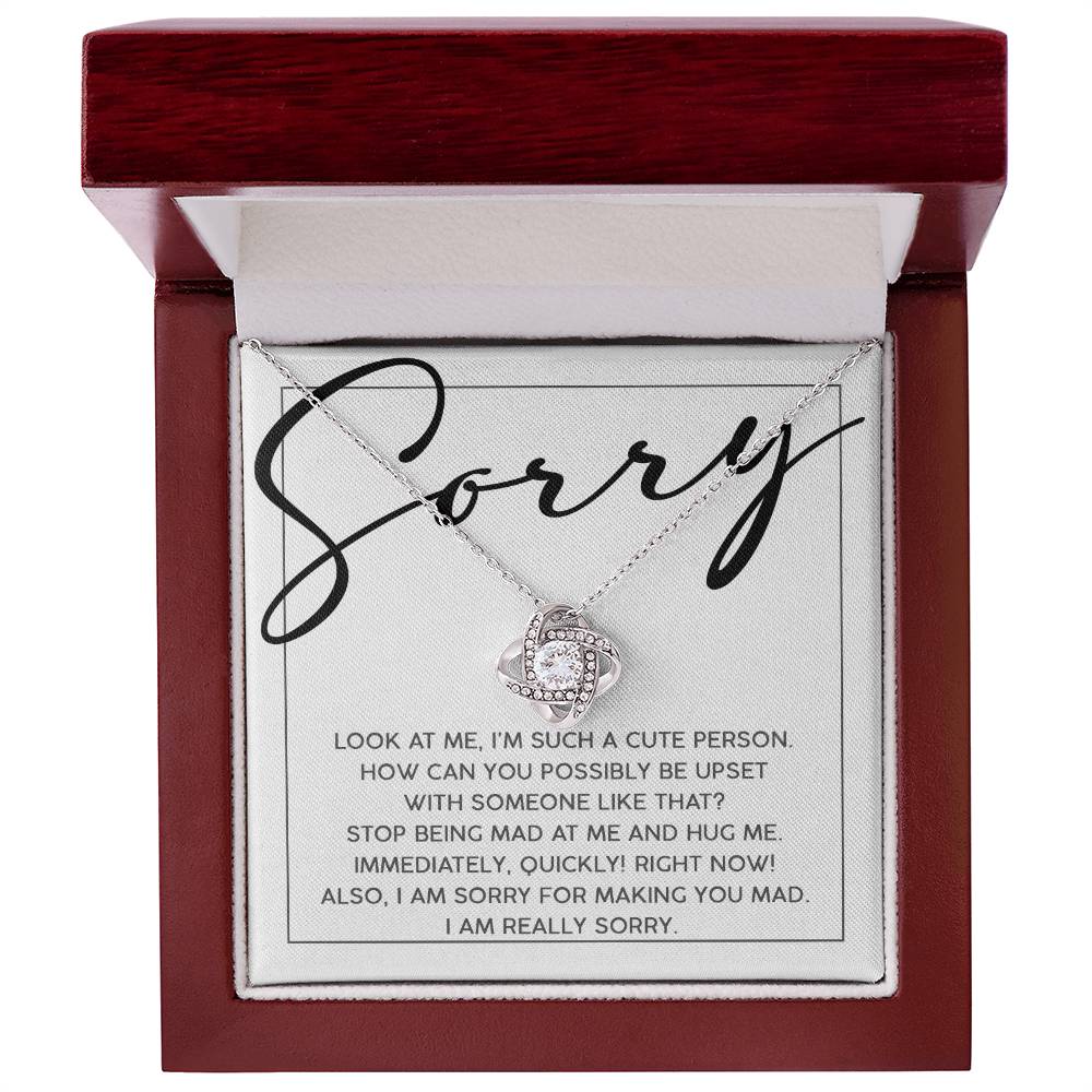 The "Sorry-Someone Like That - Love Knot Necklace" boasts a heart-shaped pendant embellished with cubic zirconia crystals, and it comes in a red jewelry box. The lid of the box features an apology note, with the word "Sorry" elegantly written in cursive above a longer message.