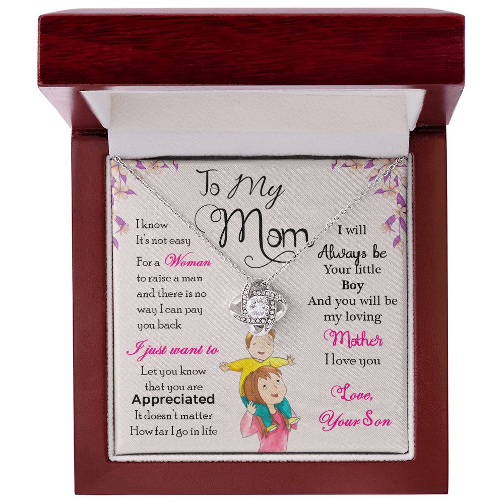 A To My Mom, I Will Always Be Your Little Boy - Love Knot Necklace with a pendant and heartfelt message for a mother presented in a gift box by ShineOn Fulfillment.