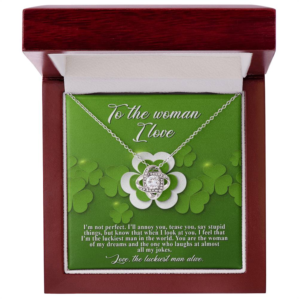 A personalized ShineOn Fulfillment Luckiest Man - Love Knot Necklace in a wooden box.