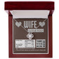 A To Wife, Nutrition Facts - Love Knot Necklace in a gift box that reads, "WIFE I LOVE YOU!" and "Thanks for being awesome!" It humorously lists nutritional facts like "Beauty 1000%" and "Not a significant source of regret," featuring sparkling cubic zirconia crystals with a stunning gold finish.