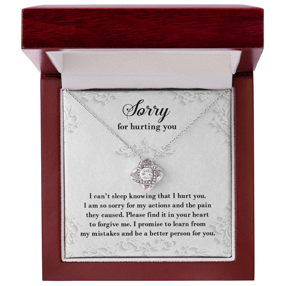 Introducing the Sorry-Can’t Sleep - Love Knot Necklace, which features a stunning cubic pendant and comes with a heartfelt apology message: "Sorry for hurting you. I am so sorry for my actions and the pain they caused. Please find it in your heart to forgive me." The cubic zirconia crystals symbolize an unbreakable bond between us.