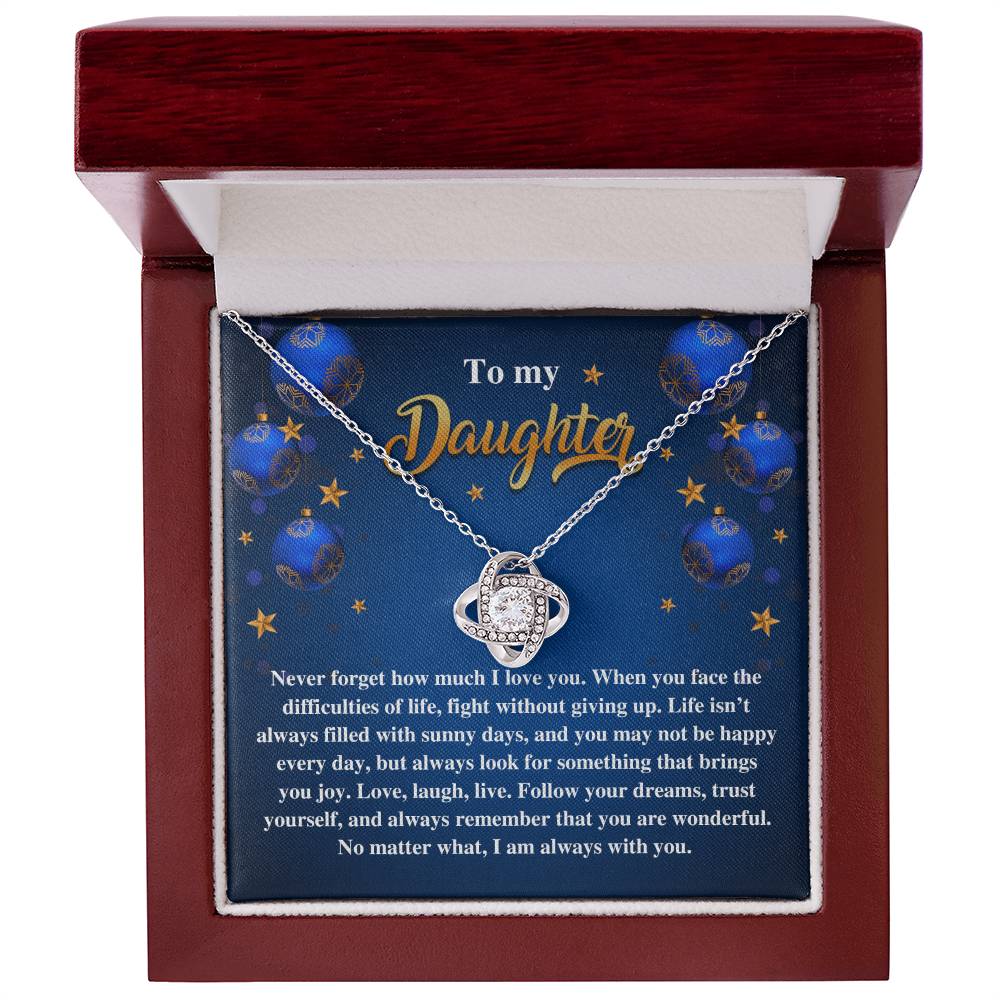 The Daughter-Sunny Days - Love Knot Necklace, featuring a planet charm, is elegantly presented in a red velvet box and embellished with dazzling cubic zirconia crystals. The inside message reads, "To my Daughter," along with a heartfelt note, making it an ideal personalized gift.