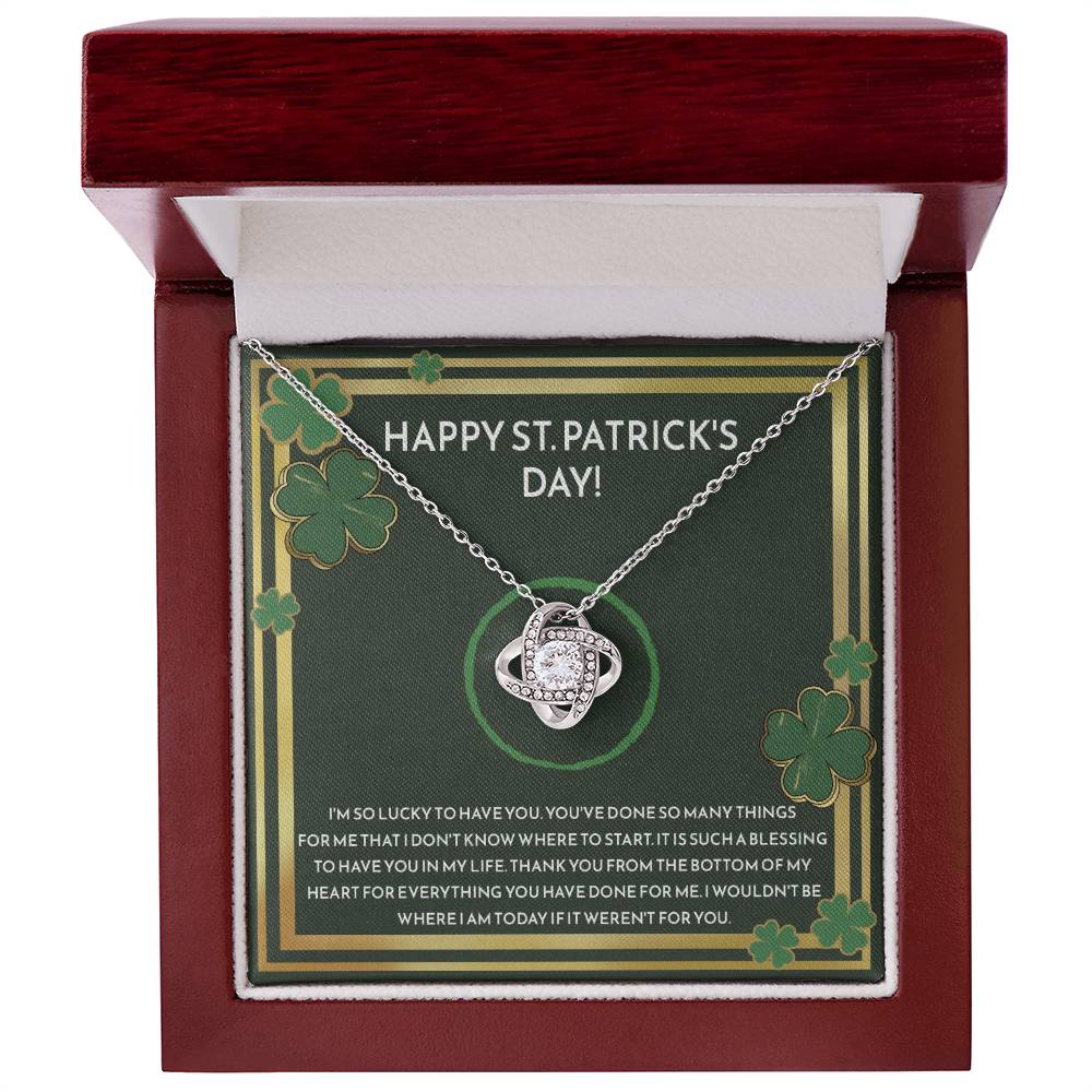 A Happy St. Patrick Day, I'm So Lucky - Love Knot Necklace in a ShineOn Fulfillment box.