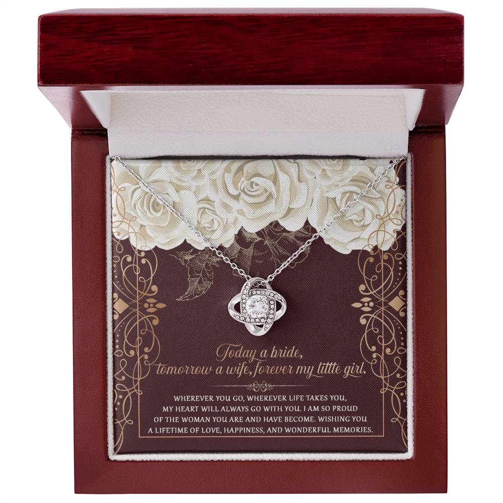 The "To Daughter, Wedding Wonderful Memories - Love Knot Necklace," featuring a white gold finish and embedded cubic zirconia gems, is displayed in a box with a floral background and an inscribed sentimental message for the bride.