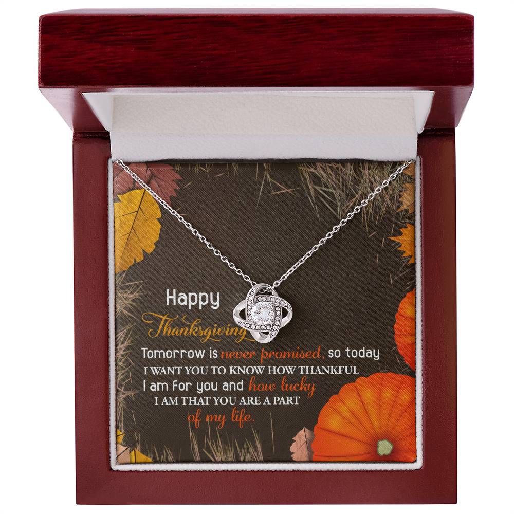 The Thanksgiving-How Lucky - Love Knot Necklace features a planet pendant adorned with sparkling cubic zirconia crystals. Presented in a gift box with autumn-themed decorations and a special Thanksgiving message, it makes the perfect personalized gift for the season.