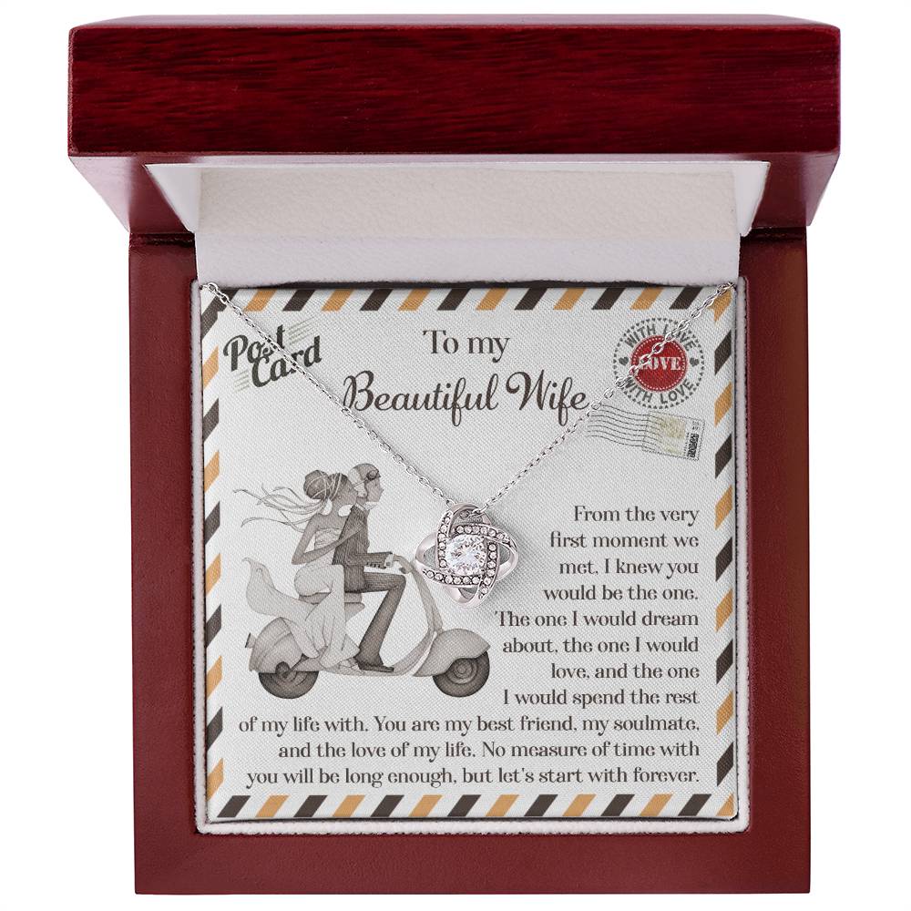 A 14k white gold To Wife, Be The One - Love Knot Necklace with cubic zirconia crystals is placed on a card depicting a couple on a scooter. The card features a heartfelt message to a wife, expressing love and commitment.