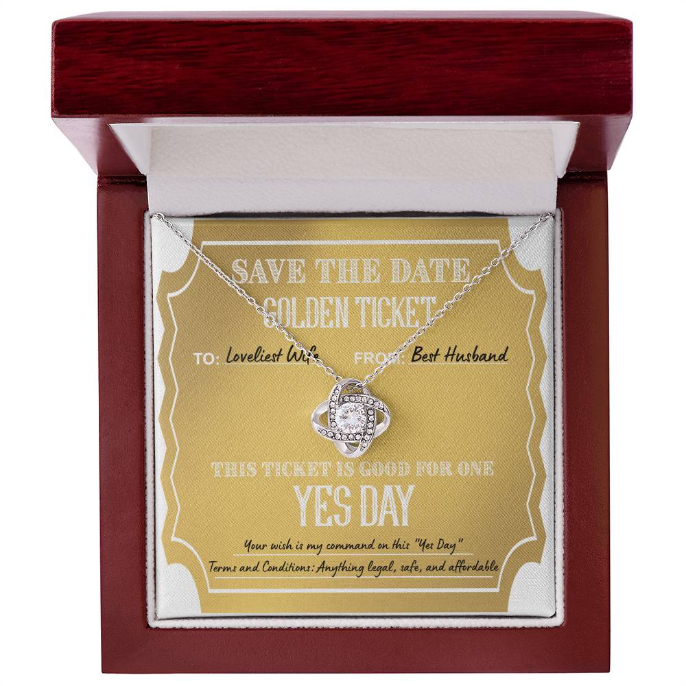 The "To Wife, Golden Ticket - Love Knot Necklace" features interlocked rings on a yellow note that reads "Save the Date Golden Ticket: To: Loveliest Wife, From: Best Husband. Ticket is good for one 'Yes Day.'" Terms and conditions included. This personalized gift sparkles with cubic zirconia crystals, adding a touch of elegance.