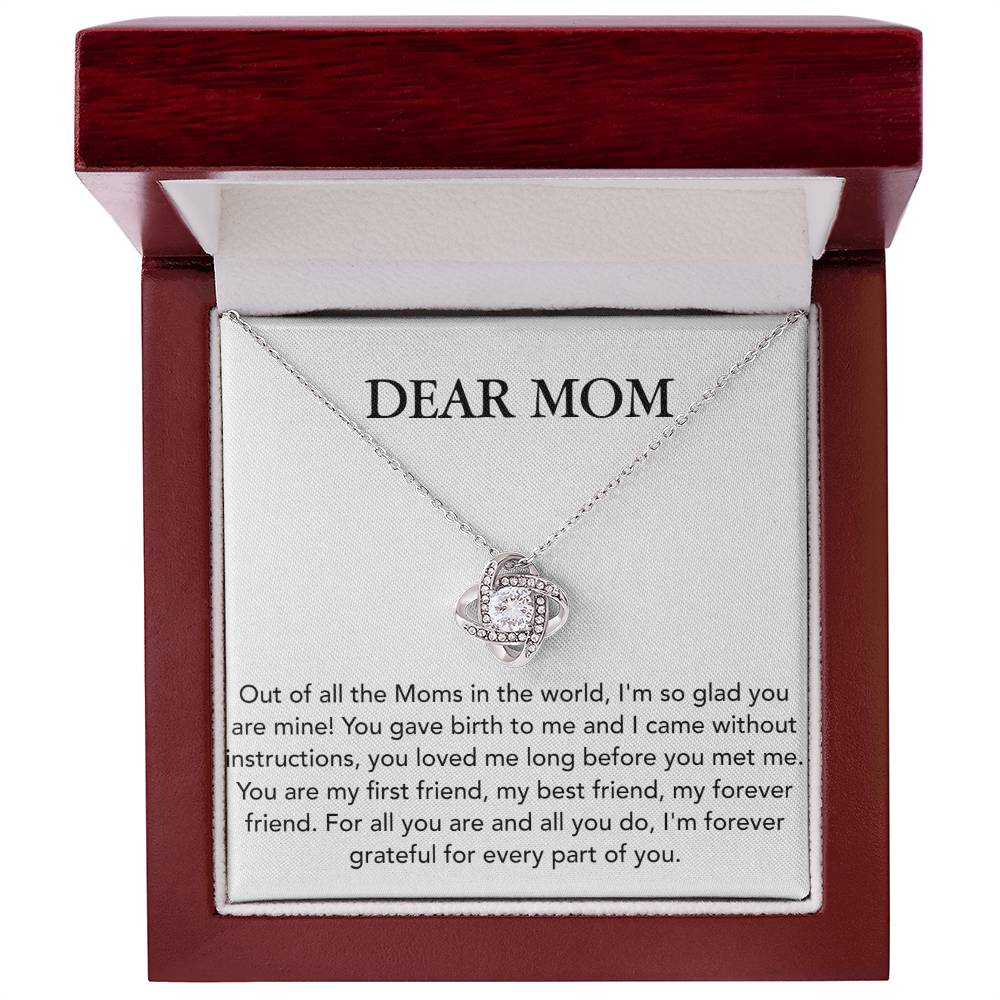 A Dear Mom, Out of All The Moms In The World - Love Knot Necklace with cubic zirconia crystals is presented inside a gift box with an affectionate message addressed to 'dear mom,' expressing gratitude and love. - ShineOn Fulfillment
