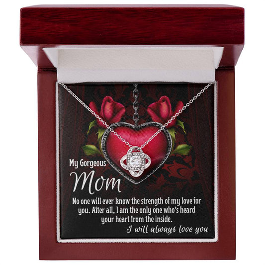 A heart-shaped pendant with cubic zirconia in a jewelry box featuring roses and a message for "my gorgeous mom" - [Almost Sold Out] To Mom, Heard Your Heart - Love Knot Necklace.
