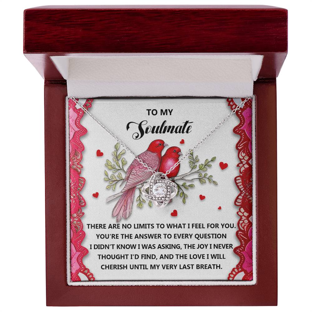 The Soulmate-Feel For You gift box features a Love Knot Necklace with cubic zirconia crystals, inscribed for your soulmate. Adorned with red birds and hearts, this necklace with two interlocking hearts is the ideal gift for your loved one.