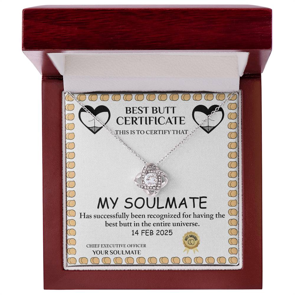 The Love Certificate-Best Butt set includes a Love Knot Necklace with cubic zirconia and a humorous "Best Butt Certificate," awarded to "My Soulmate" on February 14, 2025, making it the perfect personalized gift.