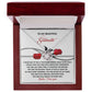 The Soulmate-Every Morning Love Knot Necklace, nestled in a red box adorned with cubic zirconia crystals, features a heartfelt message for a soulmate and is beautifully enhanced by a delicate rose illustration.