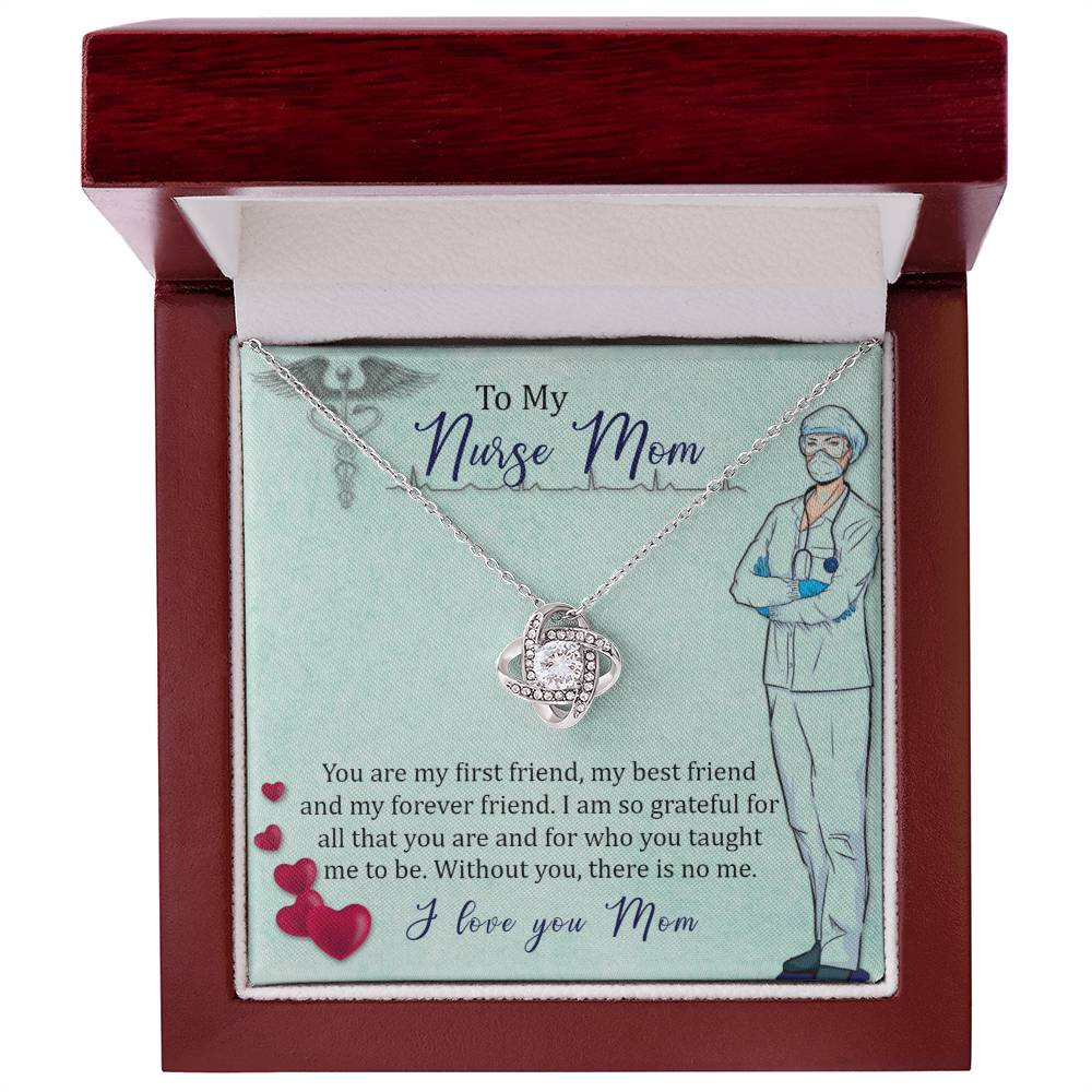 A necklace gift box with a sentimental message for a nurse mom, including an illustration of a nurse and the To My Nurse Mom, You Are My First Friend - Love Knot Necklace featuring cubic zirconia crystals from ShineOn Fulfillment.