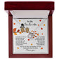 Presenting the Soulmate-Love You Endlessly - Love Knot Necklace, adorned with premium cubic zirconia crystals. This elegant piece is beautifully presented in a red box accompanied by a charming card decorated with two owls perched on a branch amidst fall leaves, and concludes with the heartfelt message "I love you.