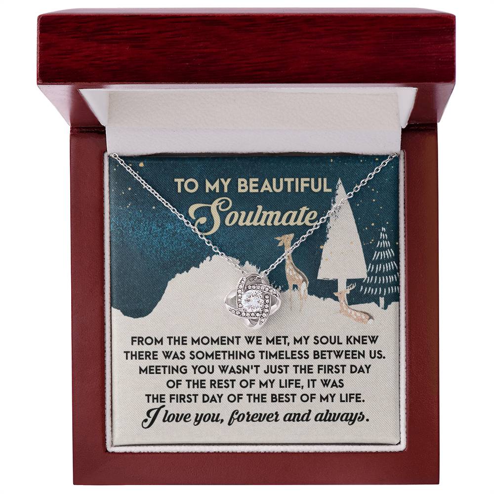 The Soulmate - Between Us - Love Knot Necklace, featuring shimmering cubic zirconia crystals and beautifully presented in a gift box, conveys a heartfelt message about meeting your soulmate. This personalized gift is ideal for celebrating the enduring bonds of true love.