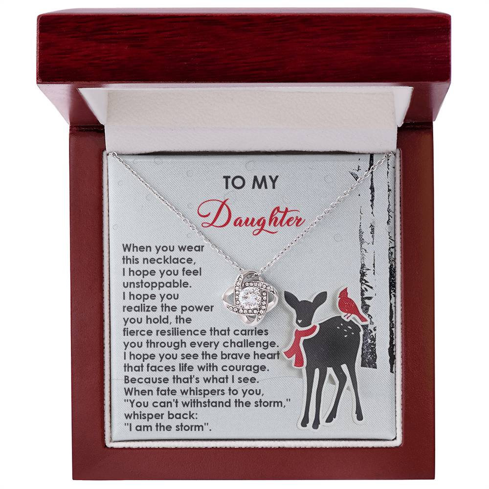 Presented in an elegant box, the Daughter-Every Challenge - Love Knot Necklace comes with a touching note that reads "To My Daughter." Featuring a poem that honors strength and bravery, embellished with illustrations of a deer and bird, this necklace sparkles with cubic zirconia crystals to represent your unbreakable bond.