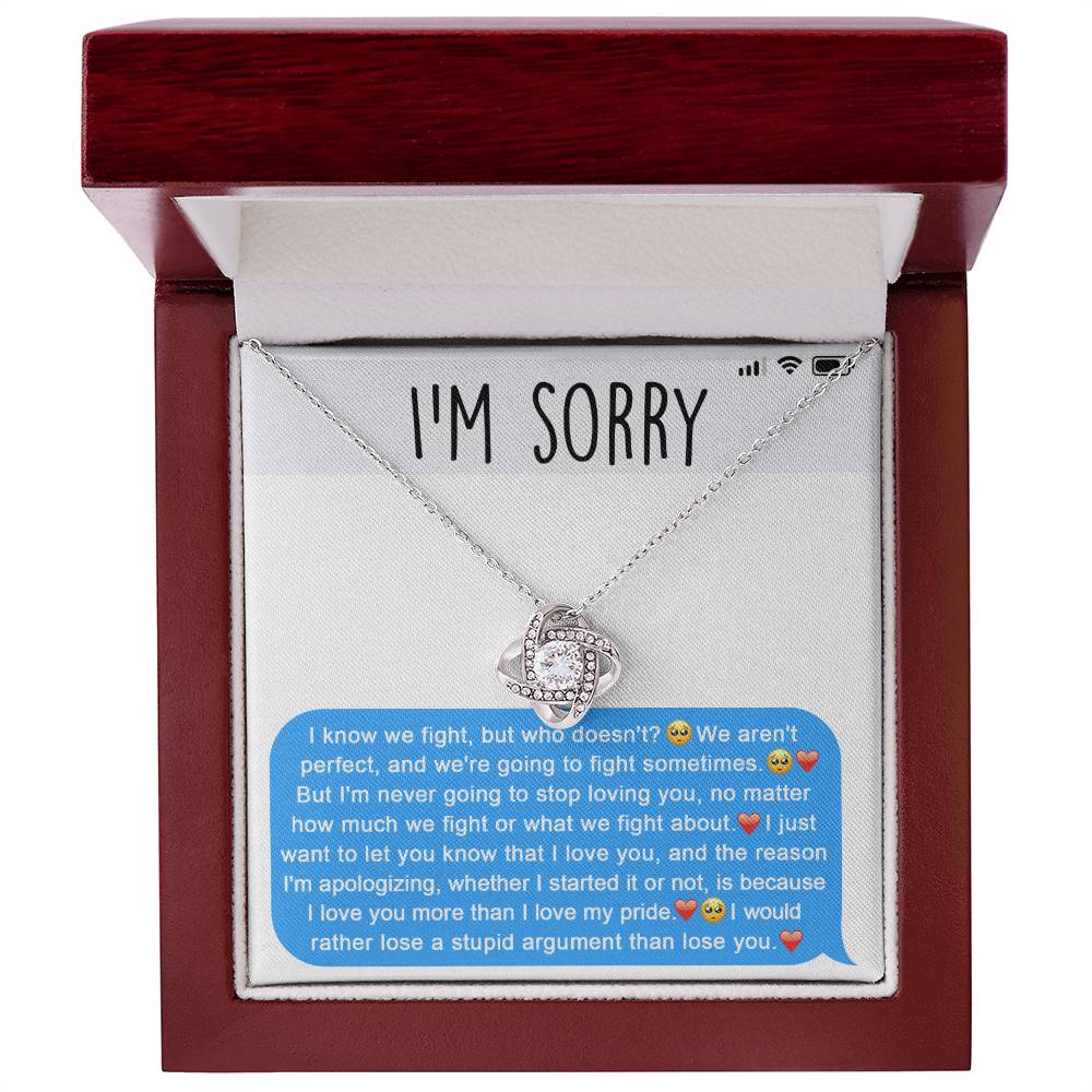 The Sorry-Stupid Argument - Love Knot Necklace, embellished with sparkling cubic zirconia crystals, is displayed above a heartfelt apology message. The message conveys love, regret over their argument, and a genuine desire to prioritize the relationship, making this personalized gift truly meaningful.