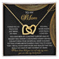 The Mom-Best Friend - Interlocking Hearts Necklace gift box features a rose gold finish and sparkling cubic zirconia crystals, along with a heartfelt message expressing love and gratitude for a mom's unwavering support and selflessness.