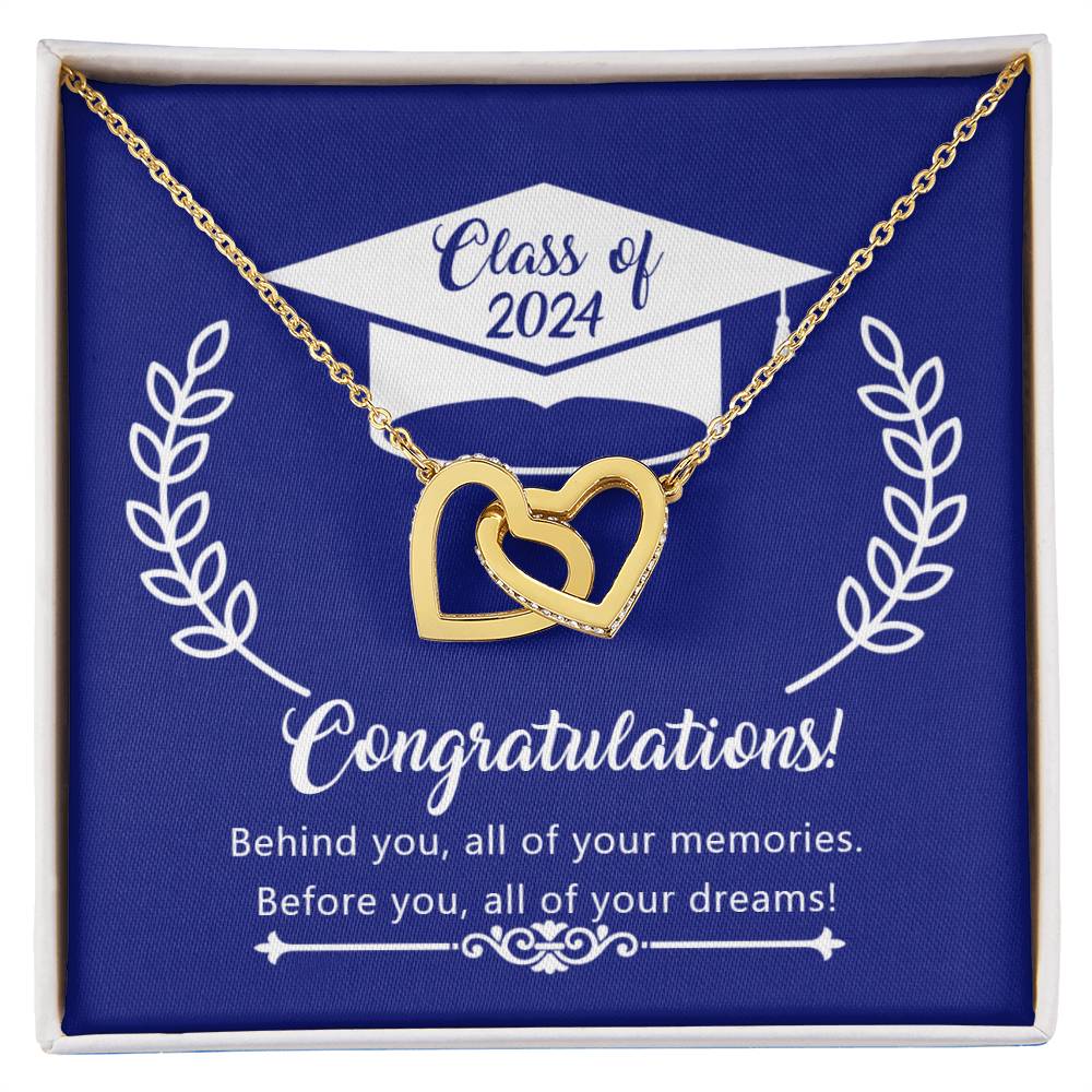 A graduation-themed keepsake box with a Before You All Your Dreams - Interlocking Hearts Necklace from ShineOn Fulfillment, featuring a message for the class of 2024.