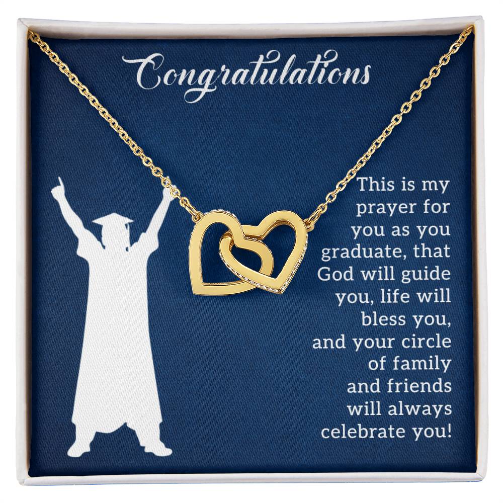 ShineOn Fulfillment's Prayer For Graduation - Interlocking Hearts Necklace, featuring cubic zirconia crystals and "congratulations" text on the gift box.