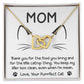 The "Cat Mom-When I’m Mean" Interlocking Hearts Necklace features a gold finish with cubic zirconia, on a card that reads: "MOM" and "Thank you for the food and catnip. You keep my litter box clean, even when I'm mean. Love, Your Purrfect Cat," with a whimsical cat whisker drawing.