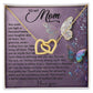 The Mom-Shining Star gift box features an Interlocking Hearts necklace with cubic zirconia crystals, adorned with decorative butterflies and includes a heartfelt message for a mother, expressing love and gratitude.