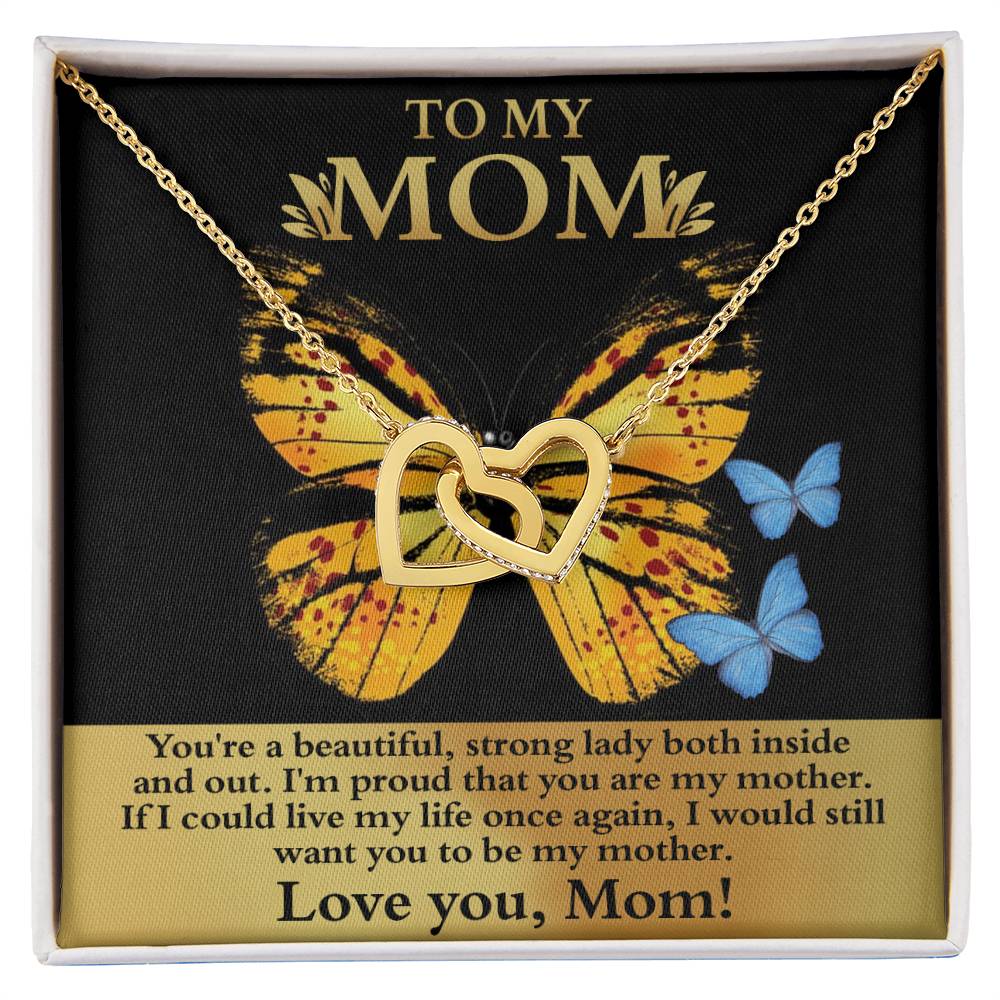 The [Almost Sold Out] To Mom, Strong Lady - Interlocking Hearts Necklace features a butterfly background in a box and is adorned with cubic zirconia crystals. It reads: "To my mom...Love you, Mom!" A unique gift to cherish forever.