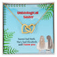 A gift box featuring a To My Unbiological Sister, I Have You - Interlocking Hearts Necklace from ShineOn Fulfillment with the phrase "unbiological sister" and an inspirational quote, accompanied by an illustration of two women embracing.