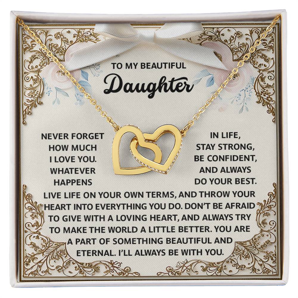 The Daughter-Beautiful And Eternal - Interlocking Hearts Necklace, adorned with cubic zirconia crystals, is presented on a decorative card with a heartfelt message celebrating love, confidence, and living life on one's own terms.