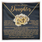 The Daughter-Infinite Love - Interlocking Hearts Necklace in rose gold sparkles against a floral background. The box says, "To My Lovely Daughter," conveying endless love, support, and pride in having an extraordinary daughter.