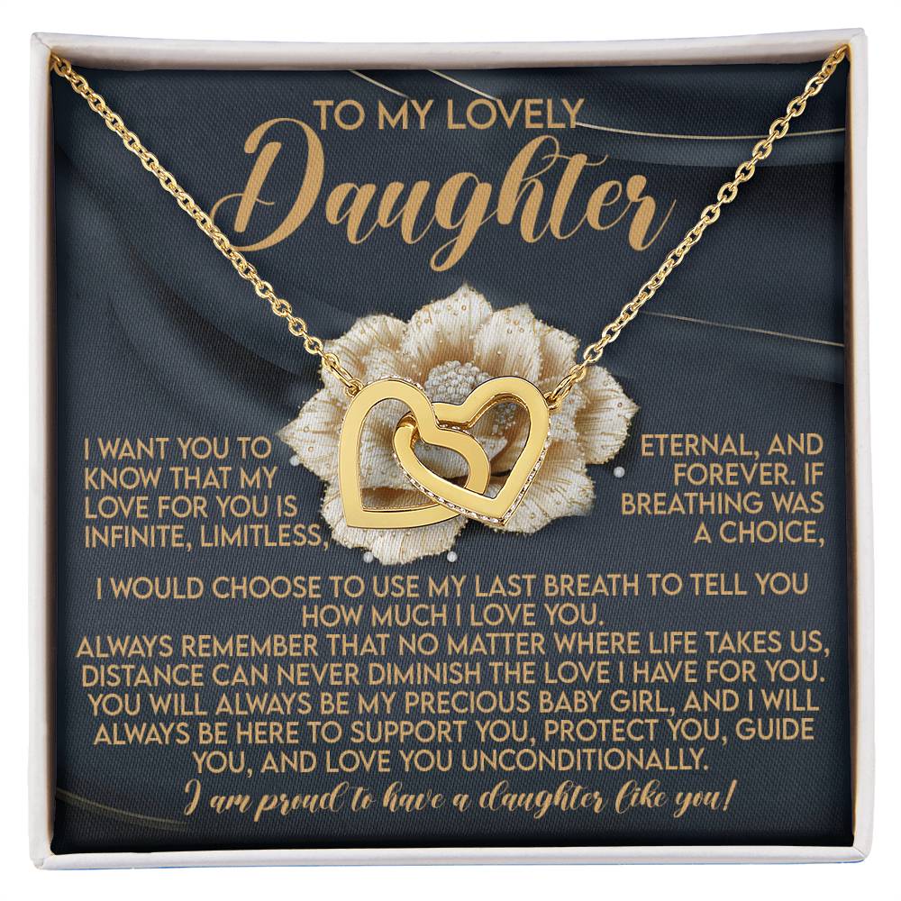 The Daughter-Infinite Love - Interlocking Hearts Necklace in rose gold sparkles against a floral background. The box says, "To My Lovely Daughter," conveying endless love, support, and pride in having an extraordinary daughter.