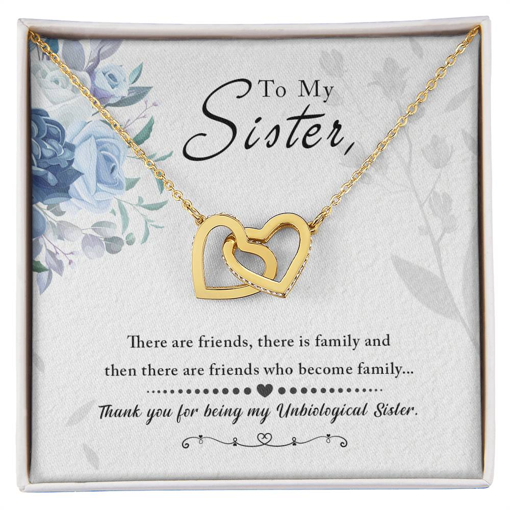 A To My Sister, Thank You For Everything - Interlocking Hearts Necklace from ShineOn Fulfillment in a gift box with a sentimental message to a sister.