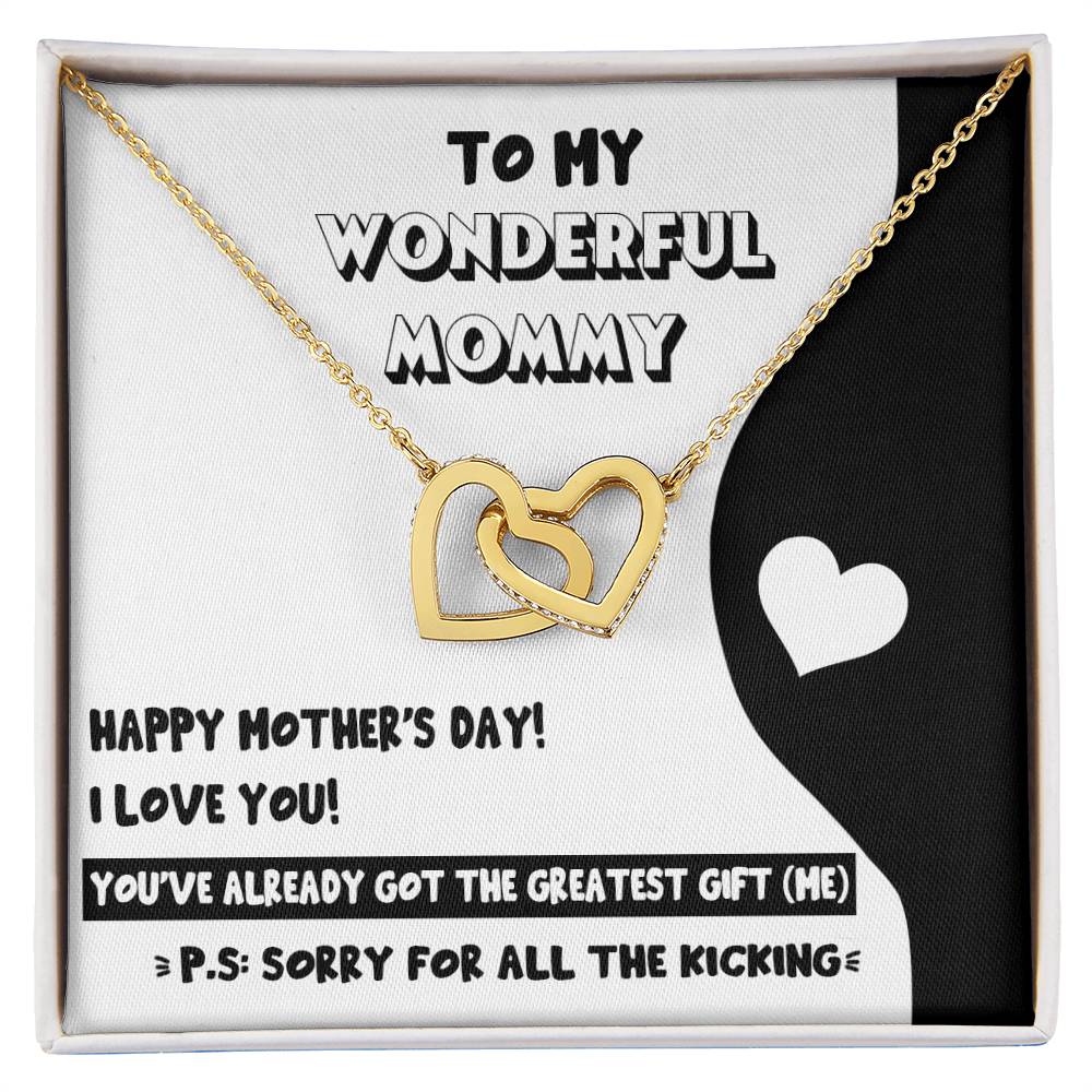 Gold-tone ShineOn Fulfillment interlocking hearts necklace adorned with cubic zirconia crystals and a message for Mother's Day on the packaging.