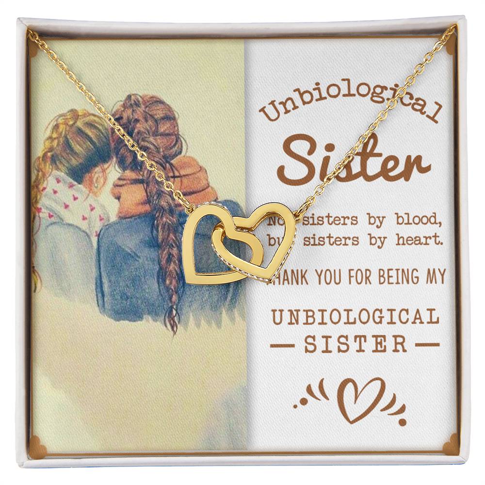 An Interlocking Hearts Pendant Necklace on a card with a printed message celebrating a strong bond between non-biological sisters. 
Product Name: To My Unbiological Sister, Sisters By Heart - Interlocking Hearts Necklace
Brand Name: ShineOn Fulfillment