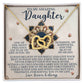 The Daughter-Precious Gift Interlocking Hearts Necklace in rose gold finish is presented on a decorative floral card with shimmering cubic zirconia, featuring a heartfelt message of love and encouragement for a daughter.