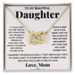 A To My Beautiful Daughter, Just Hold This To Feel My Love - Interlocking Hearts Necklace adorned with cubic zirconia crystals, presented in a box with a sentimental message from ShineOn Fulfillment to a daughter.