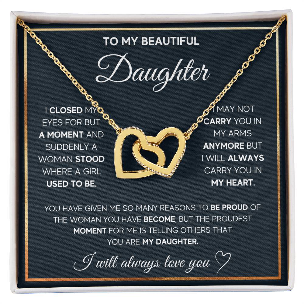 To My Daughter, I Will Always Carry You In My Heart - Interlocking Hearts Necklace by ShineOn Fulfillment displayed on a black background.