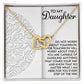The Daughter-Tomorrow Worry Interlocking Hearts Necklace, with a rose gold finish and cubic zirconia accents, is presented in a box featuring an embossed floral design. The right-side message to your daughter offers encouragement and support.