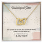 To My Unbiological Sister, Thank You - Interlocking Hearts Necklace pendant necklace with "unbiological sister" message in a gift box, adorned with cubic zirconia crystals by ShineOn Fulfillment.