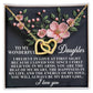 The "Daughter-Love Sight - Interlocking Hearts Necklace," featuring cubic zirconia crystals on a rose gold finish chain, is displayed against a black background with pink flowers. It conveys a heartfelt message to a daughter, embracing cherished memories and ending with "I love you.