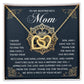 The Mom-Thankful Heart - Interlocking Hearts Necklace is adorned with cubic zirconia crystals, has an 18k yellow gold finish, and comes on a card expressing gratitude to a boyfriend's mom for her love and support.