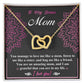 The Bonus Mom-An Amazing Mom Interlocking Hearts Necklace features a rose gold finish with two cubic zirconia-adorned hearts. It comes in a decorative box that reads: "To My Bonus Mom," includes a heartfelt message, and ends with "I love you!" on a floral patterned background.
