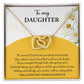 A box contains a "To Daughter, A Special Place - Interlocking Hearts Necklace" with cubic zirconia crystals. The message reads: "To my Daughter... Always keep me in your heart... Nothing brings me more joy than you. I will love you always & forever.