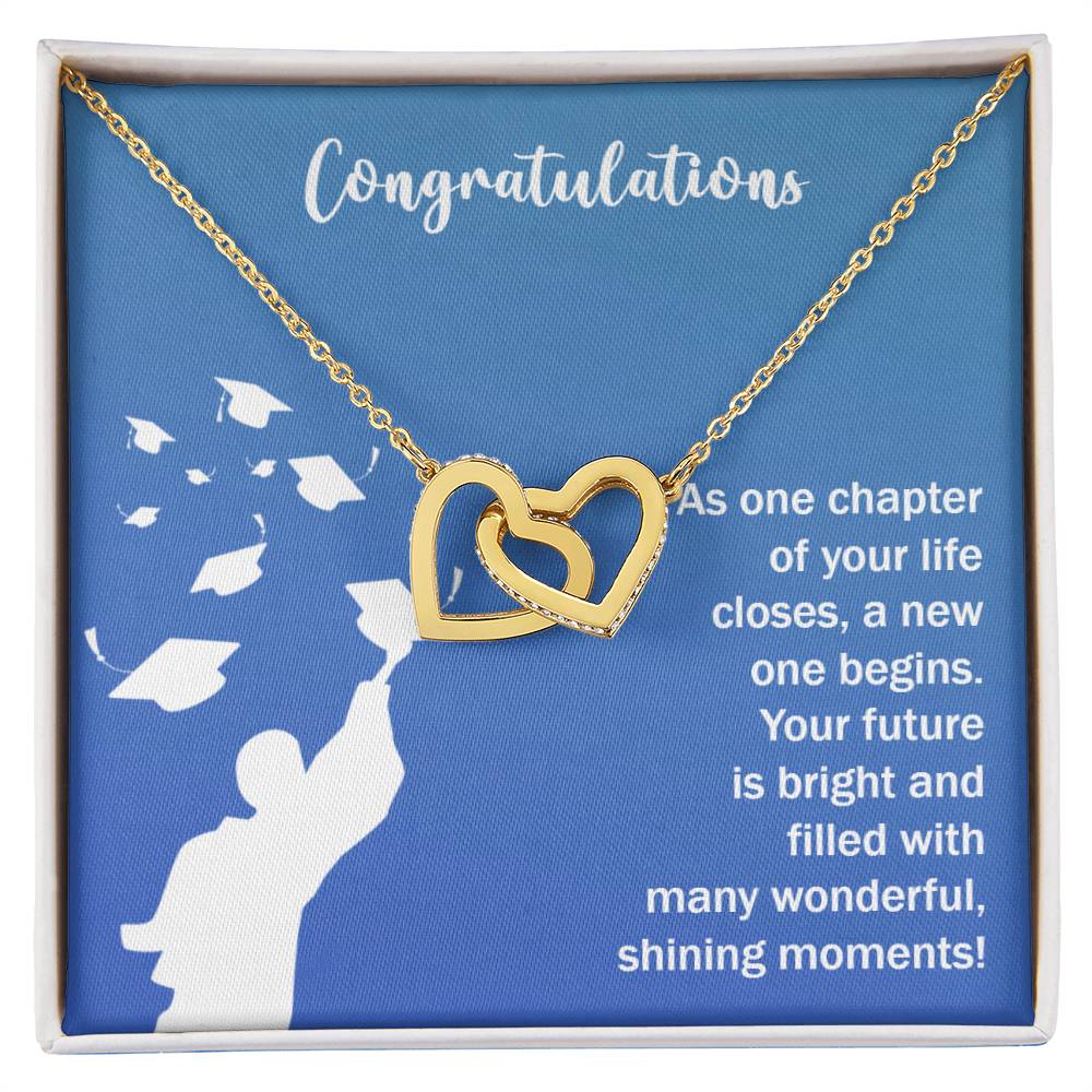 Future Is Bright - Interlocking Hearts necklace pendant by ShineOn Fulfillment on a blue background with a congratulatory message for a new life chapter.