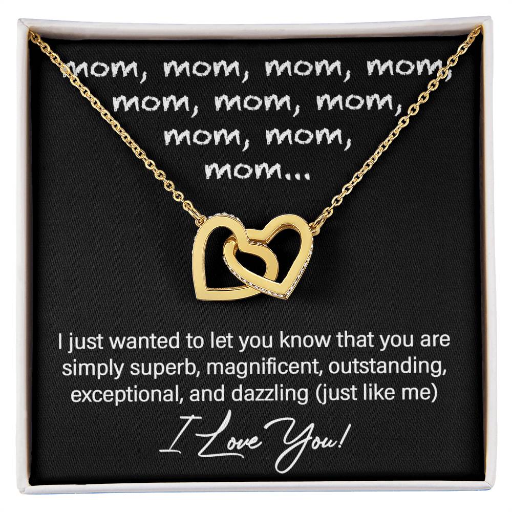 Interlocking hearts necklace with cubic zirconia on black backdrop, featuring a heartfelt message of love and admiration for mom from the "To Mom, Just Like Me" collection.